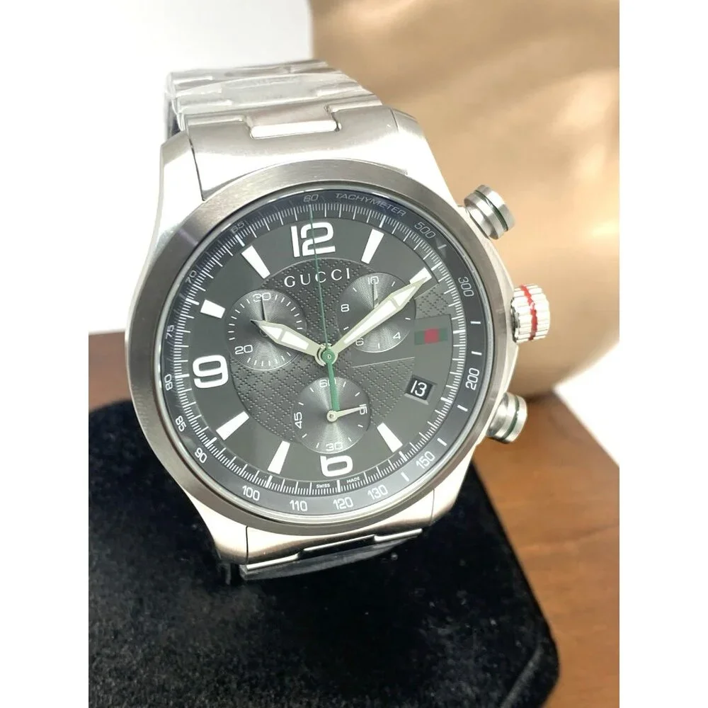 Gucci Mens Watch YA126238 G-Timeless Swiss Quartz Chronograph Gray Silver 46mm